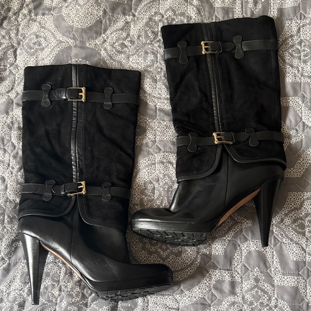 Cole Haan Smooth and Suede Black High Heel Boots Floor Sample 11B. Ret $398